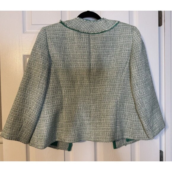 Kasper Tweed Blazer Jacket 10 Preppy Green White Gold Metallic Open Front - Picture 8 of 15